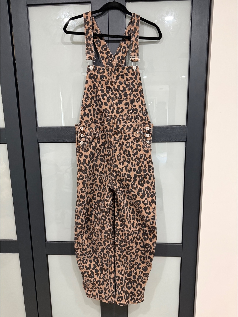 Leopard Print Barrel Leg Denim Overalls